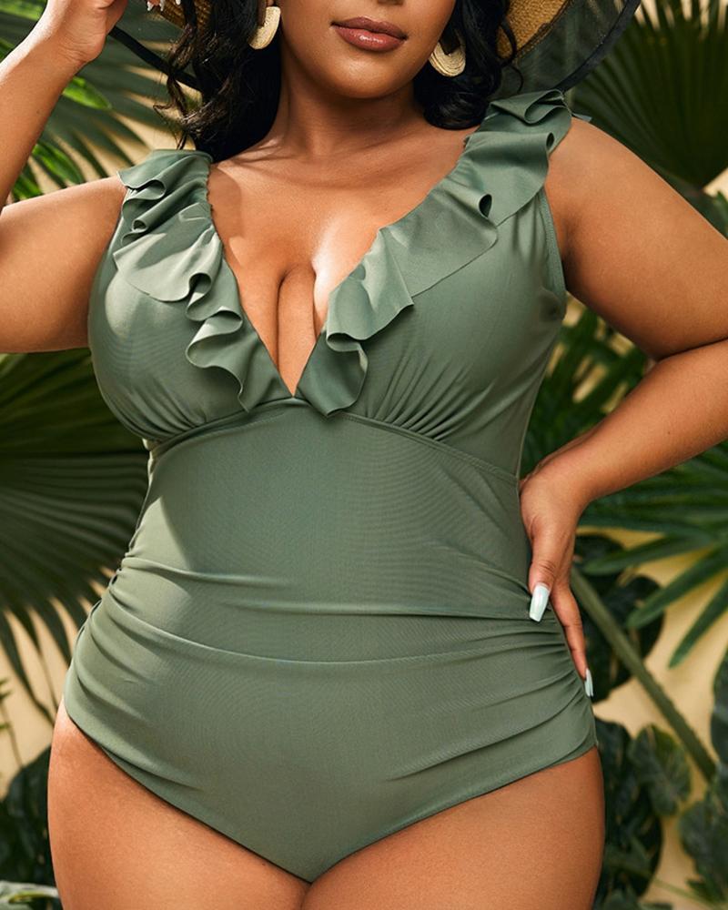 

Plus Size Ruffle Hem One Piece Swimsuit, Green