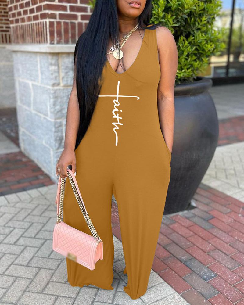 

Letter Print Sleeveless Wide Leg Jumpsuit, Khaki