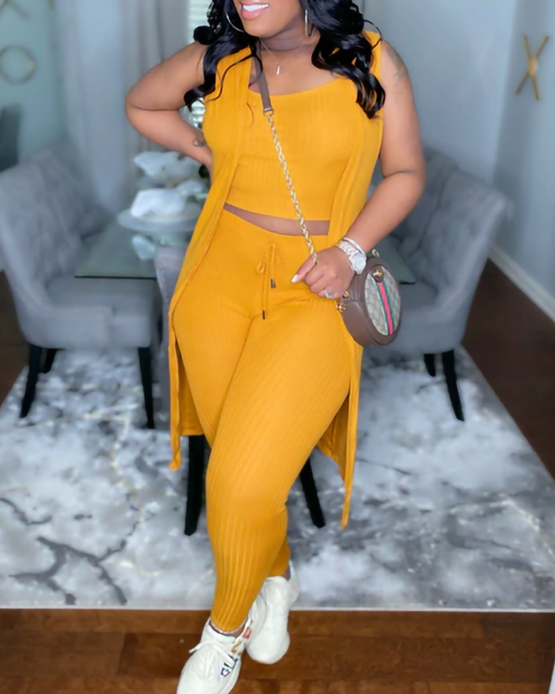 

3PCS Ribbed Crop Tank Top & Pants Set With Vest Coat, Yellow