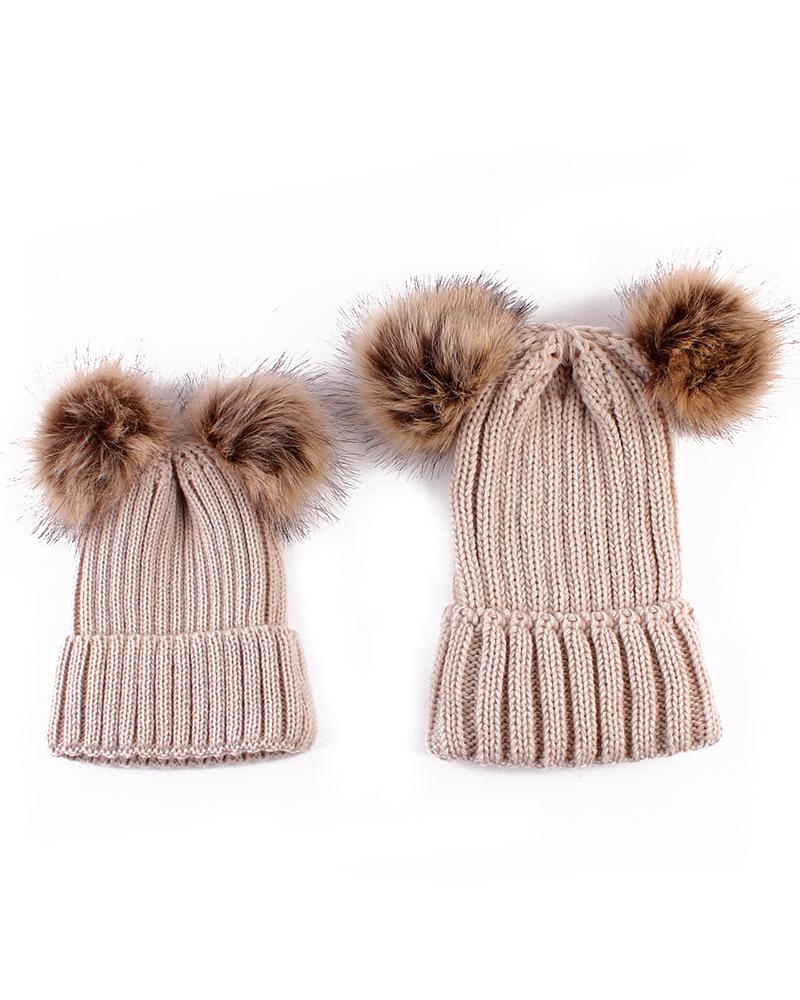 

2PCS/Set Parent-baby Double Pom Pom Knit Cuffed Beanie, Khaki