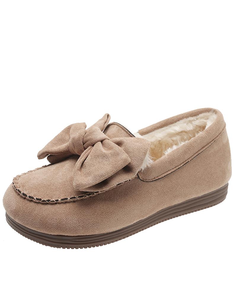 

Bowknot Design Winter Lined Slip-on Shoes, Khaki