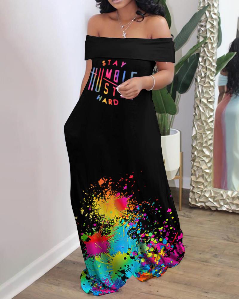 

Off Shoulder Ink Splashed Letter Print Maxi Dress, Black