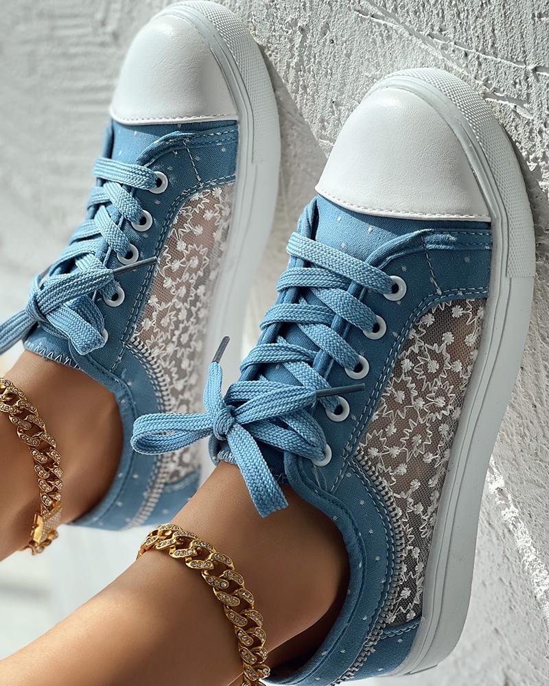 

Swiss Dot Contrast Lace Sneakers, Light blue