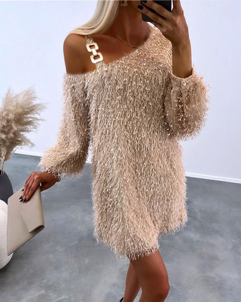 

Fluffy Cold Shoulder Casual Dress, Apricot