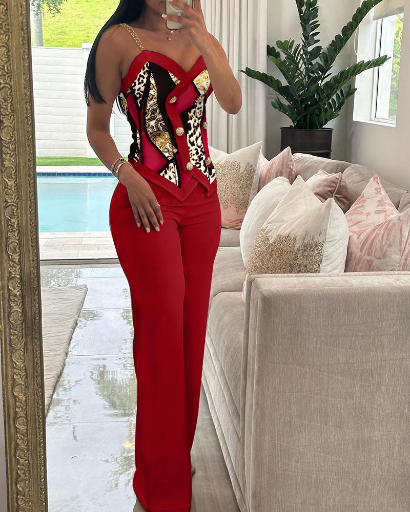 

Baroque Leopard Print Cami Top & Straight Leg Pants Set, Red