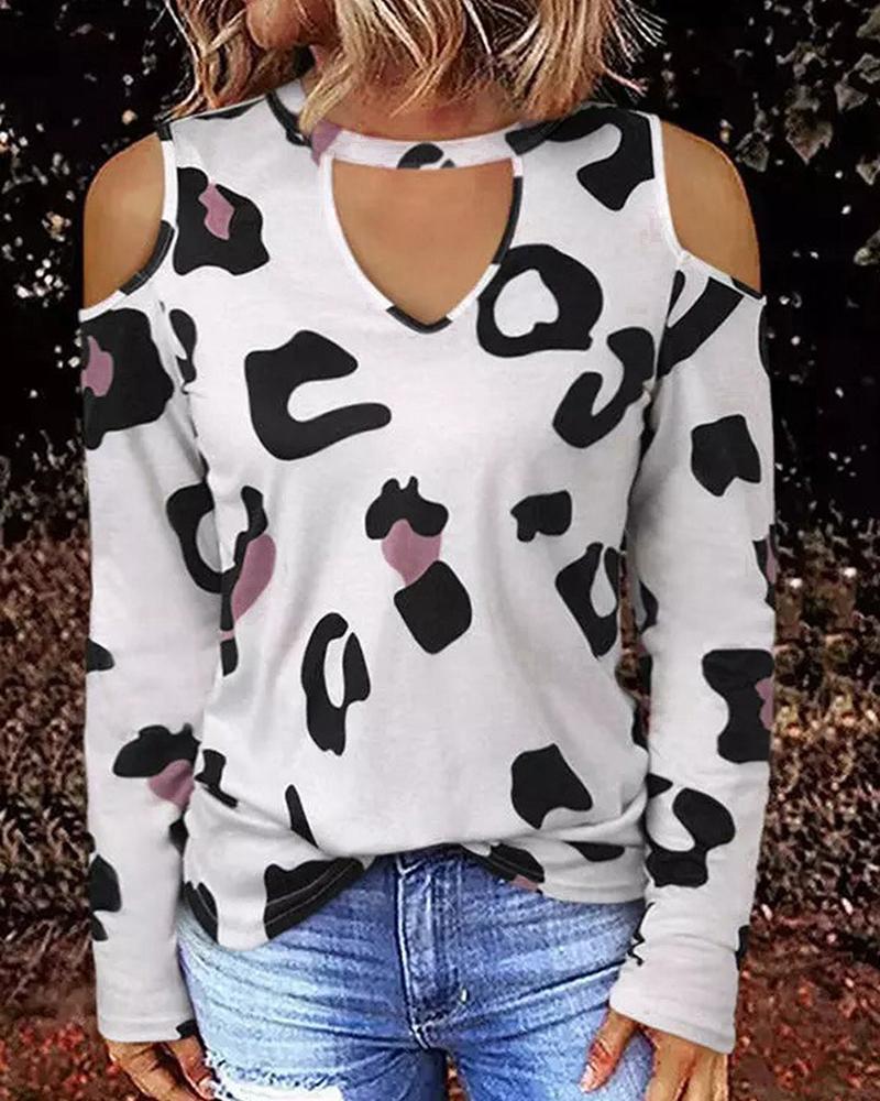 

Leopard Cutout Cold Shoulder Top, White