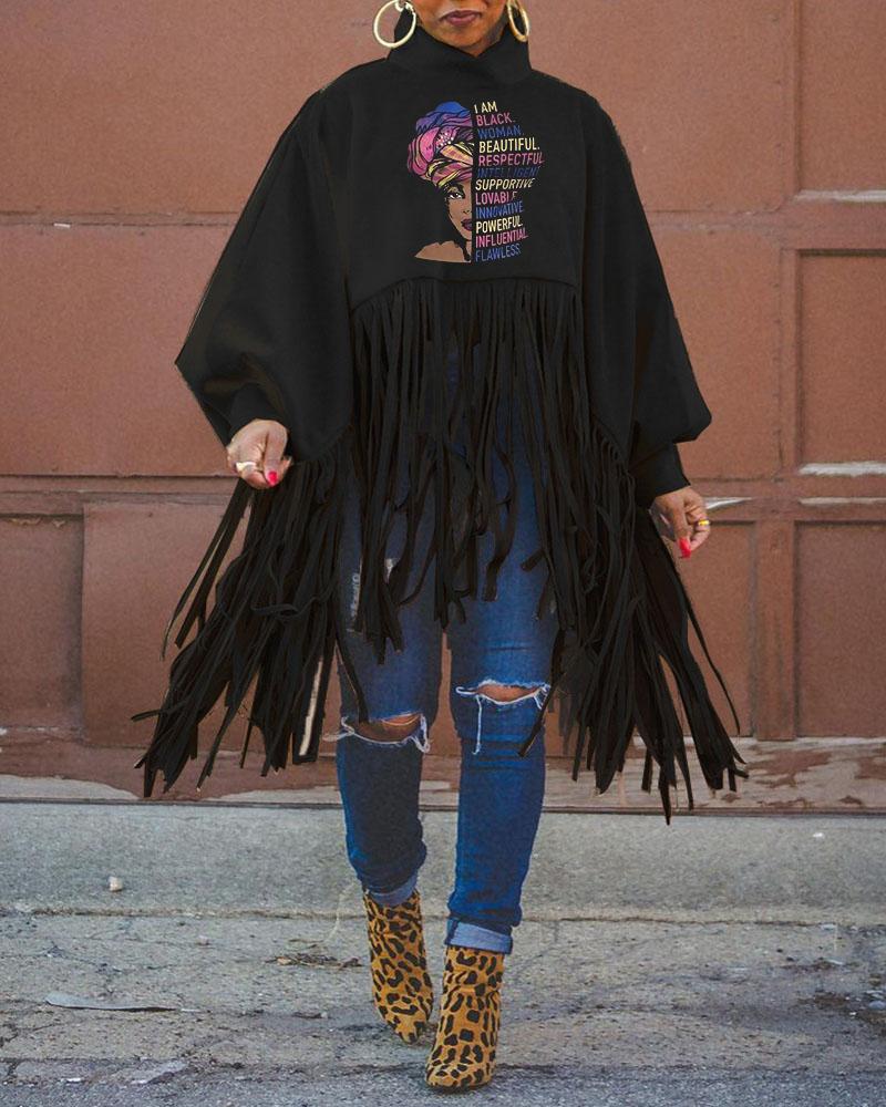 

Figure Letter Print Fringe Trim Lantern Sleeve Top, Black