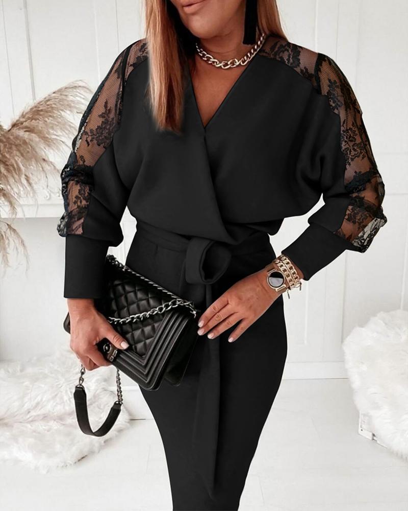 

Contrast Lace Long Sleeve Belted Wrap Dress, Black