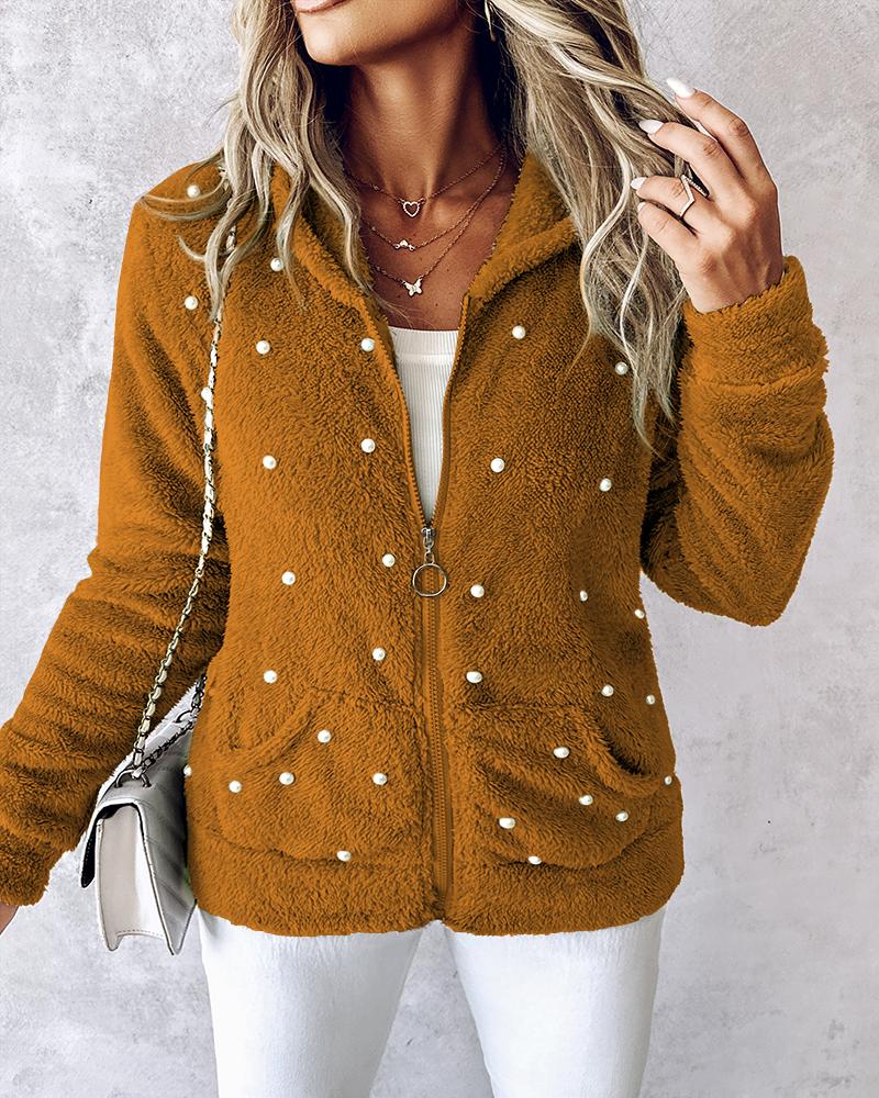 

Pearl Decor Zipper Fly Teddy Jacket, Brown