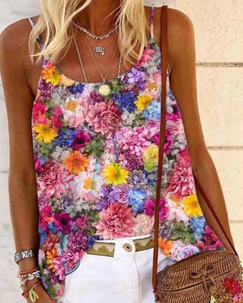 

Spaghetti Strap Floral Print Top, Pink