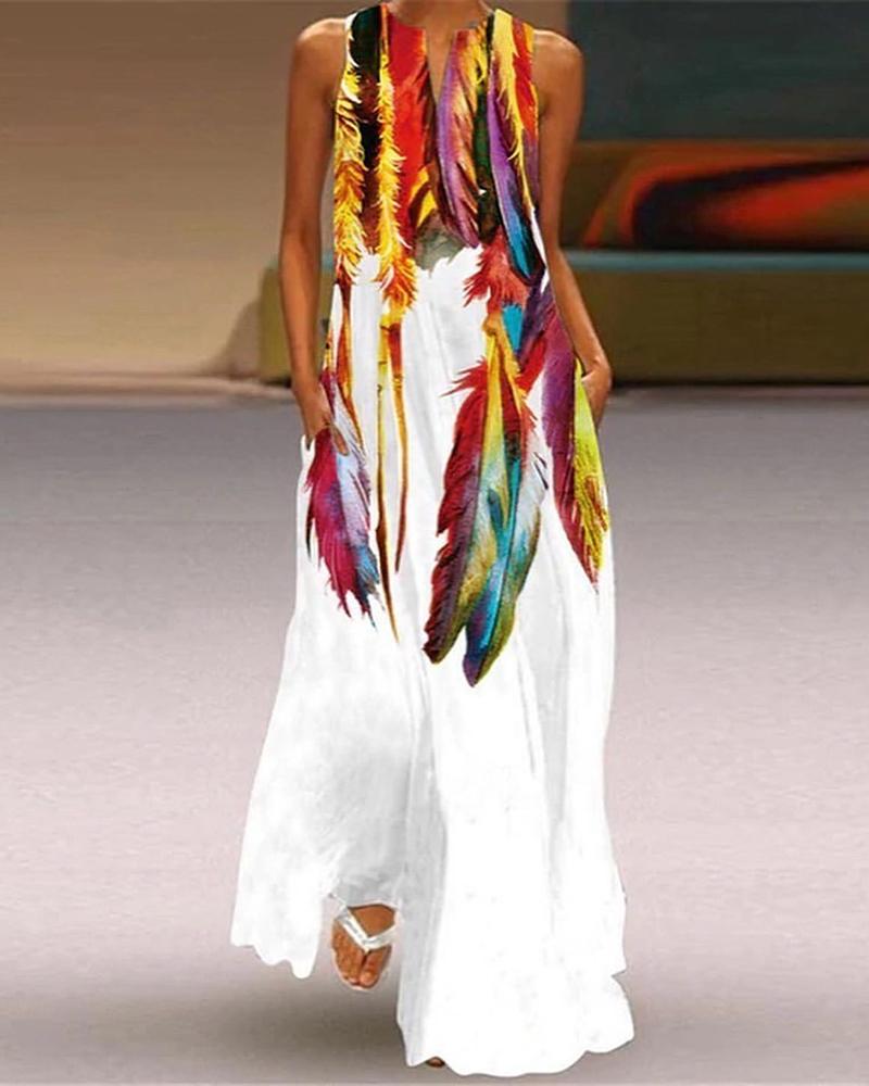 

Colorful Feather Print Pocket Decor Maxi Dress, White