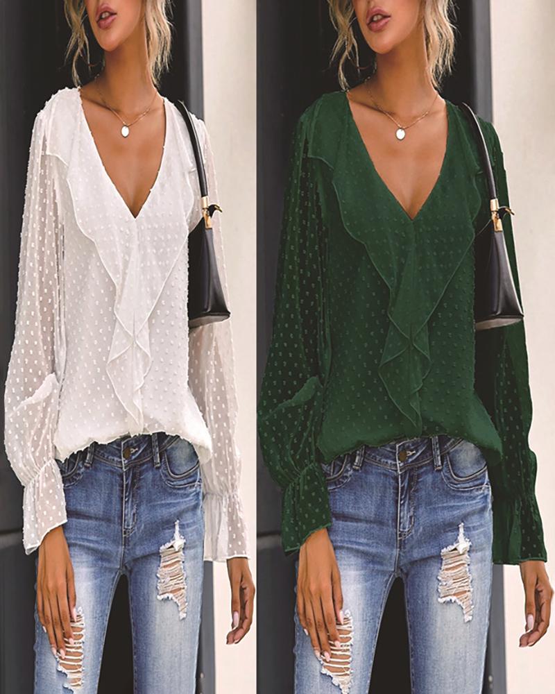 

Swiss Dot Ruffle Hem V Neck Lantern Sleeve Top, Green