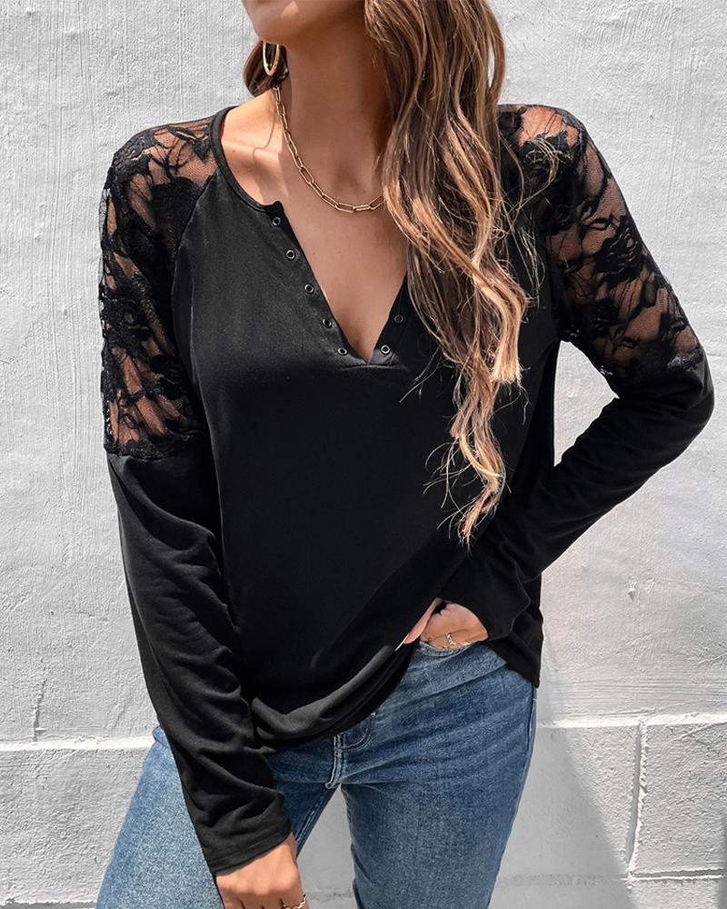 

Contrast Lace Long Sleeve Eyelet V-Cut Top, Black