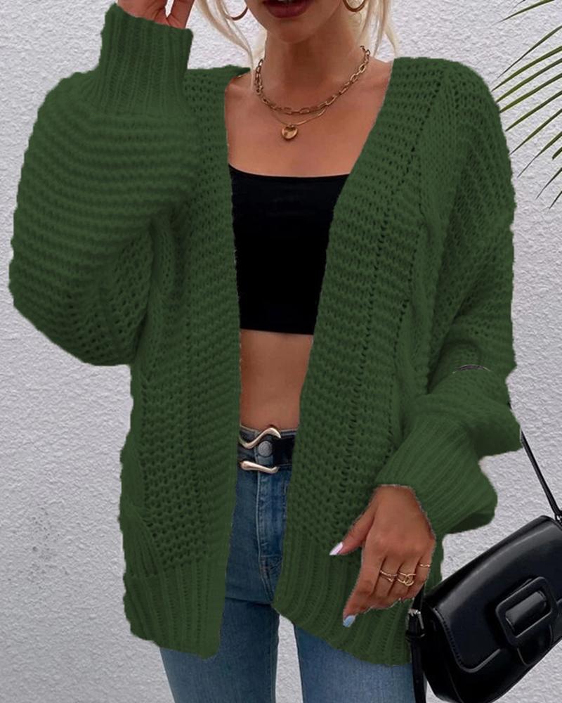 

Lantern Sleeve Open Front Cable Knit Cardigan, Green