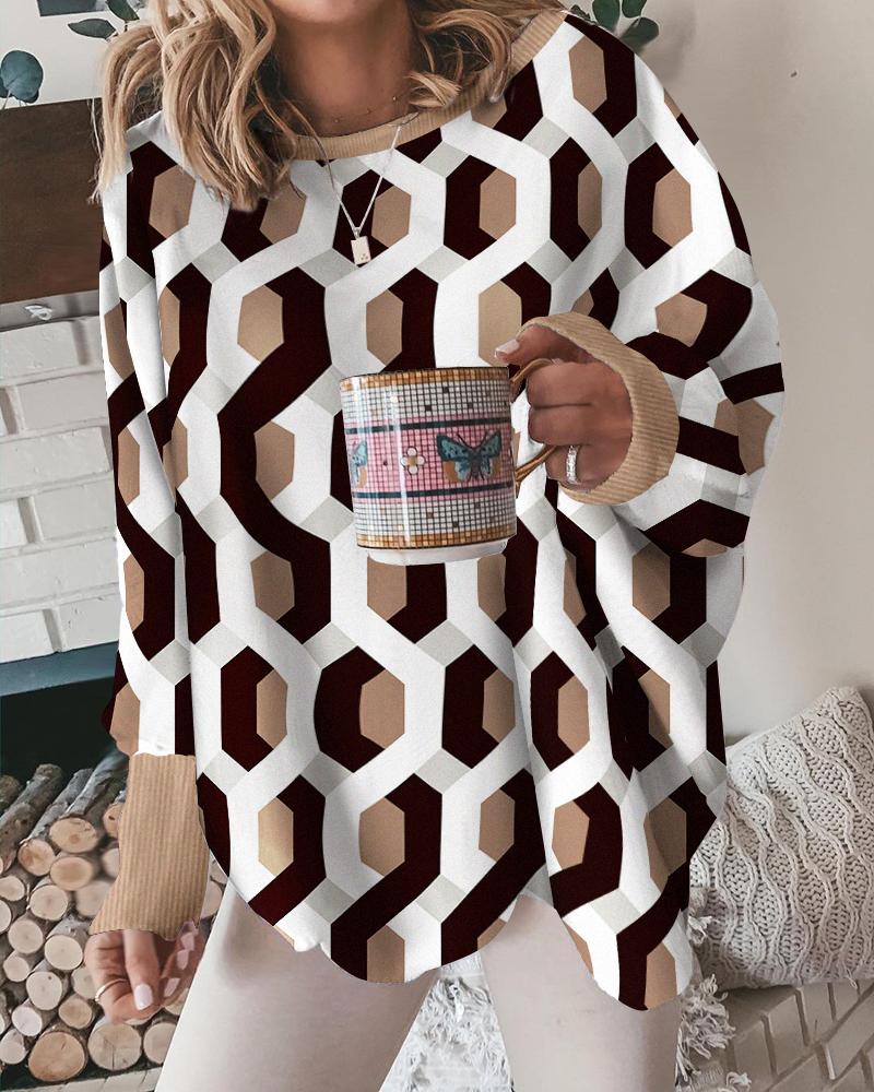 

Geometric Print Long Sleeve Top, Khaki