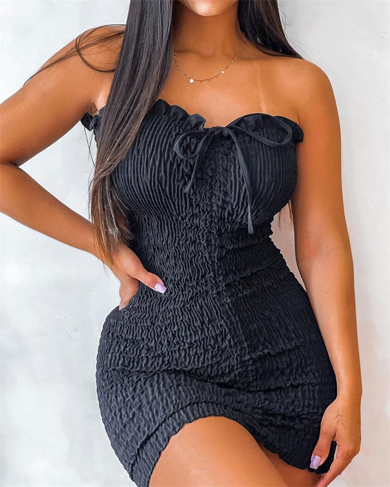 

Frill Hem Shirred Drawstring Bodycon Tube Dress, Black