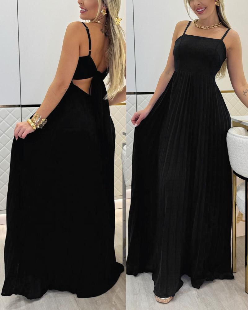

Robe longue plissée à bretelles spaghetti et col carré avec détails noués au dos Robe longue fluide décontractée, Black