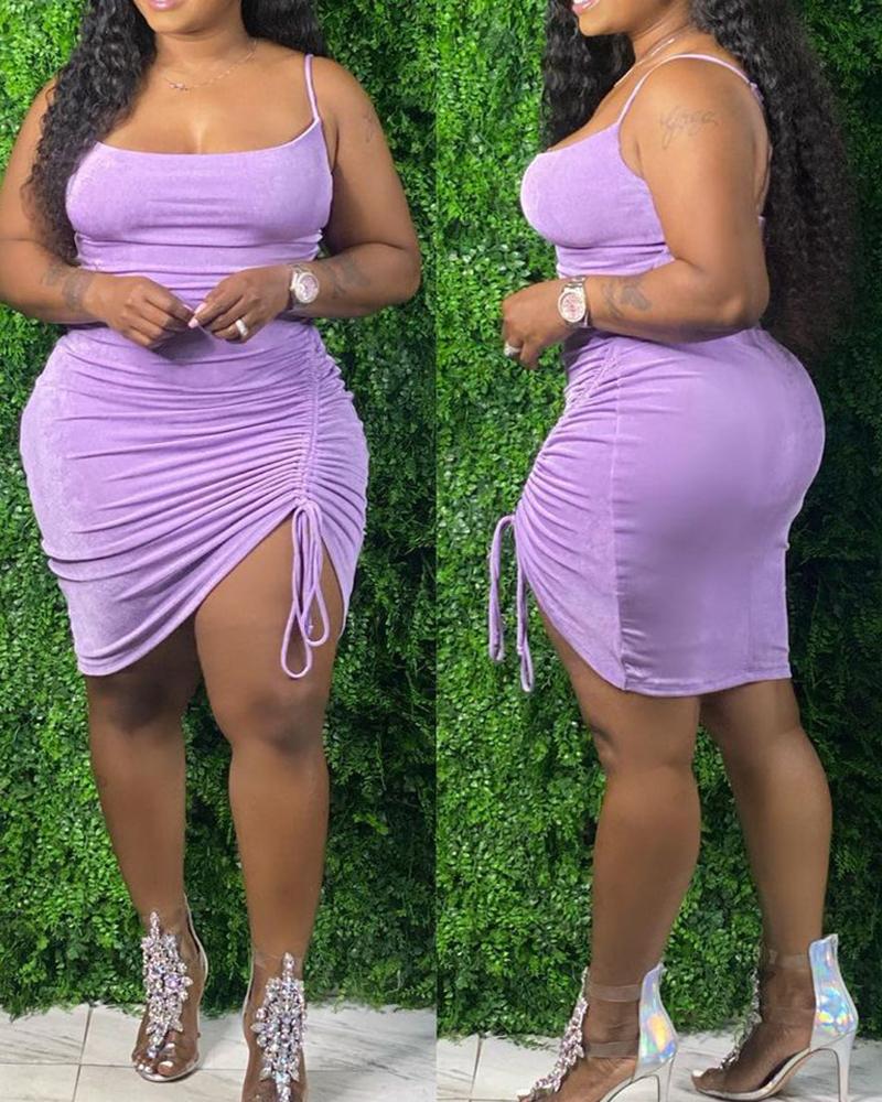 

Plain Square Neck Drawstring Ruched Cami Bodycon Dress, Purple