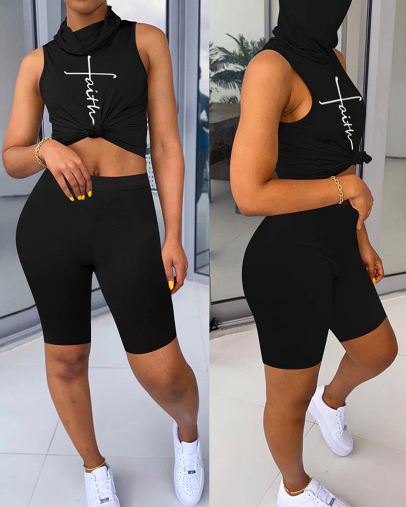 

Faith Print Sleeveless High Neck Top & Shorts Set, Black