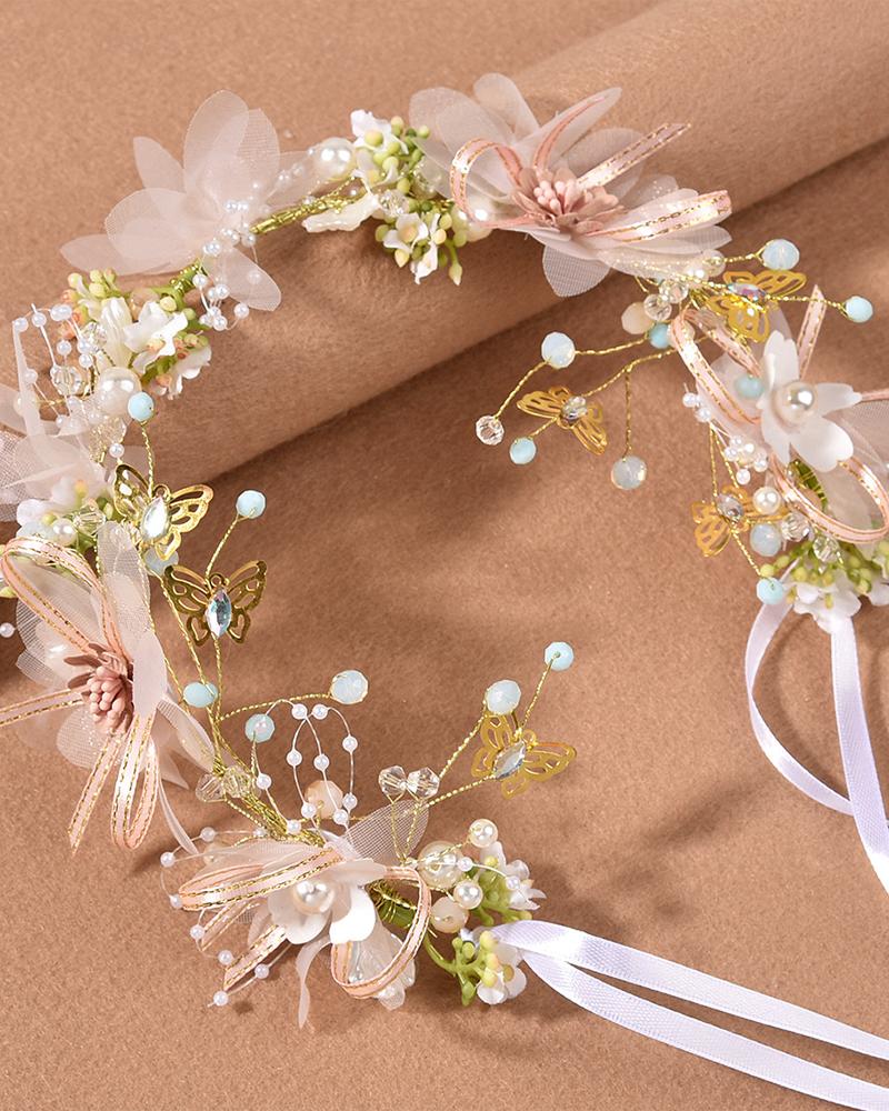 

Bride Wedding Headband Pearls Butterfly Hair Hoop Bridal Headpieces Hair Accessories With Ribbon, Apricot