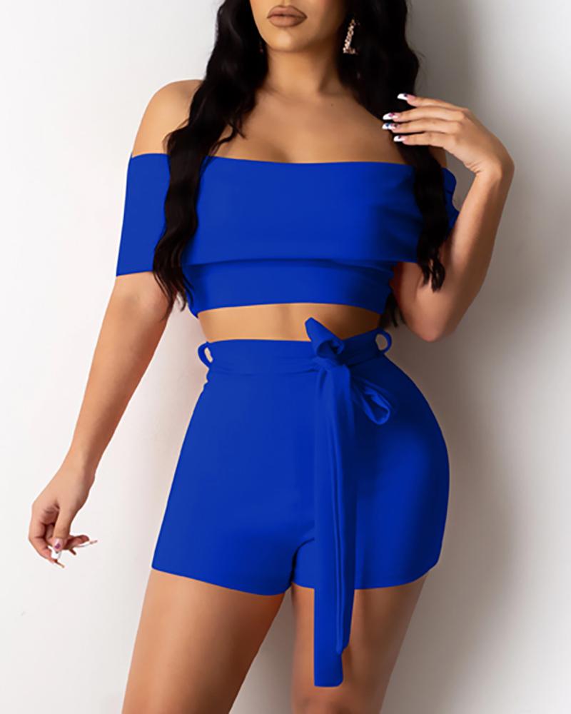 

Off Shoulder Solid Crop Top & Short Pant, Blue
