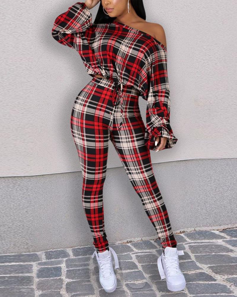 

Plaid Print Drawstring Hem Long Sleeve Top & Pants Set, Red