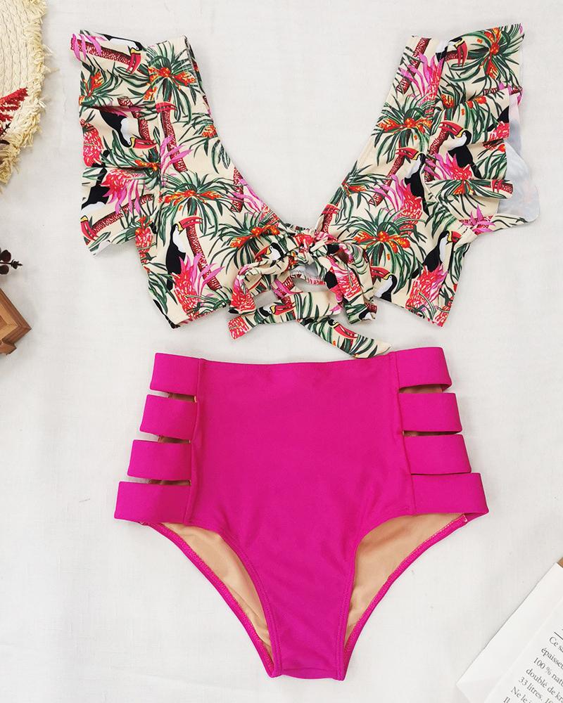 

Tropical Print Knotted Ruffles Bikini Set, Hot pink