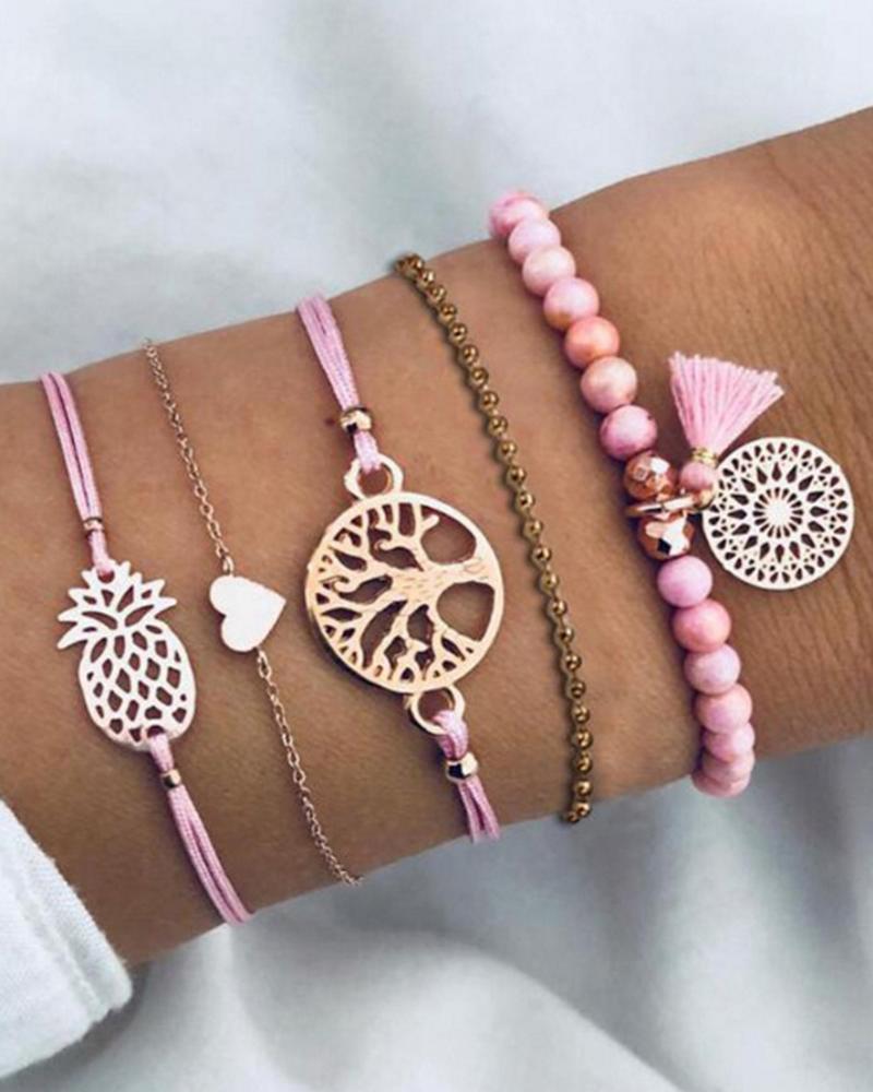 

5PCS/Set Heart Hollow Out Pineapple Life Tree Tassel Design Bracelets, Pink