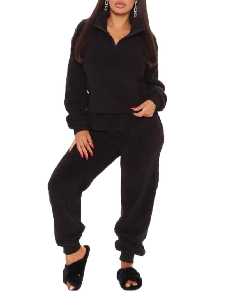 

Zipper Design Plain Teddy Top & Pocket Design Pants Set, Black