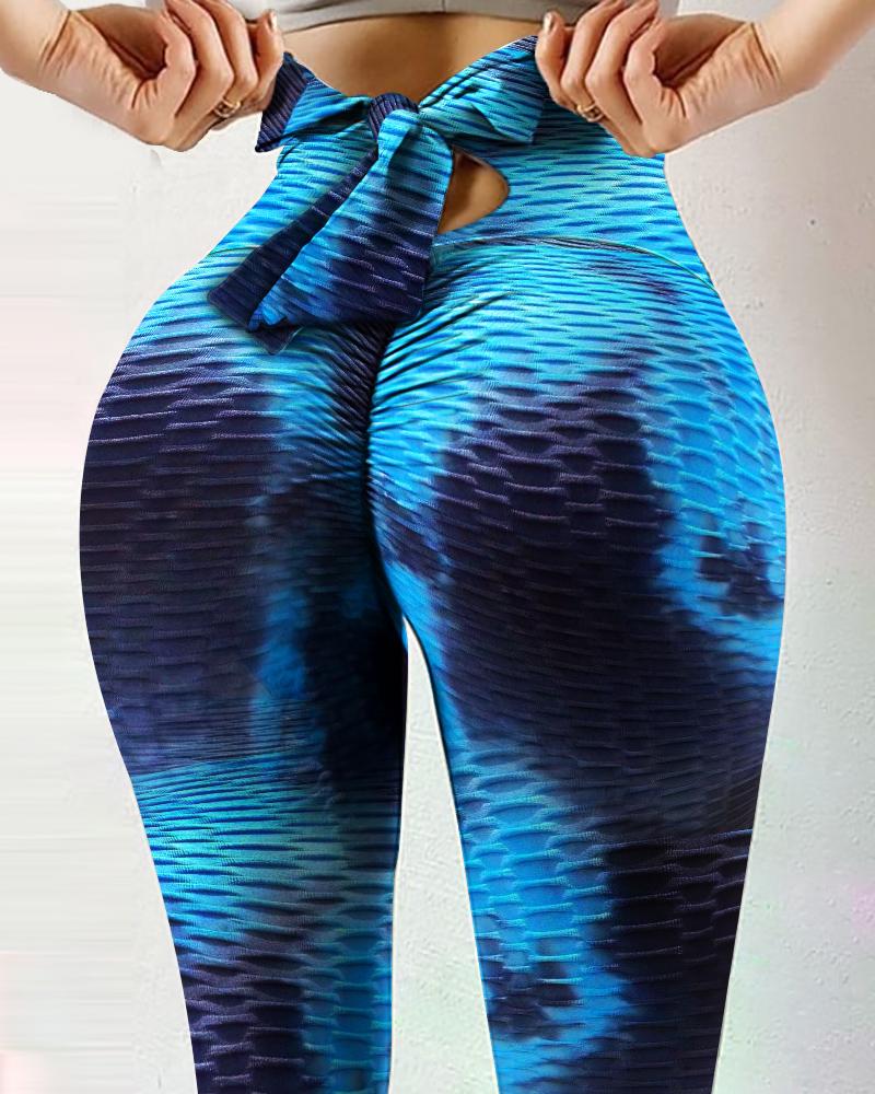 

Bowknot Decor Bubble Textured Cutout Tie Dye Print Butt Lifting Yoga Pants, Blue