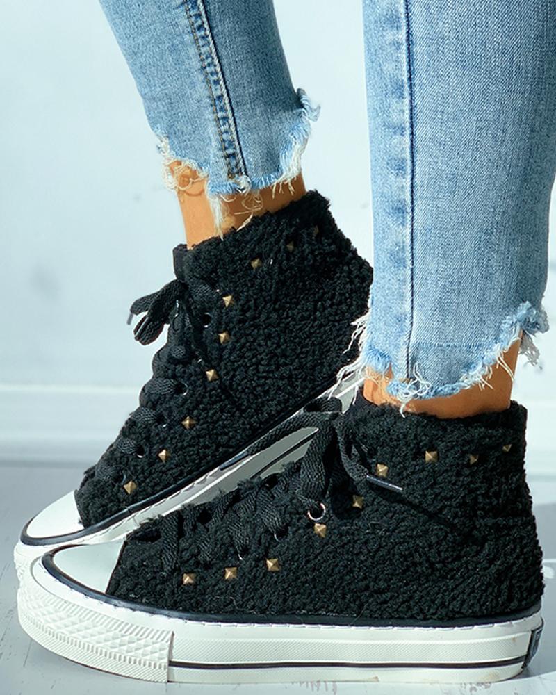 

Rivet Eyelet Lace-up Fluffy Shoes, Black