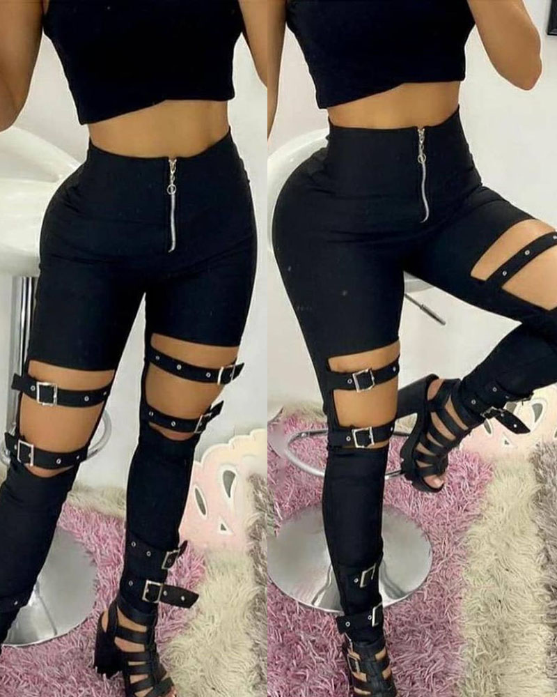 

Zipper Fly Cutout Eyelet Buckled Decor Skinny Pants, Black