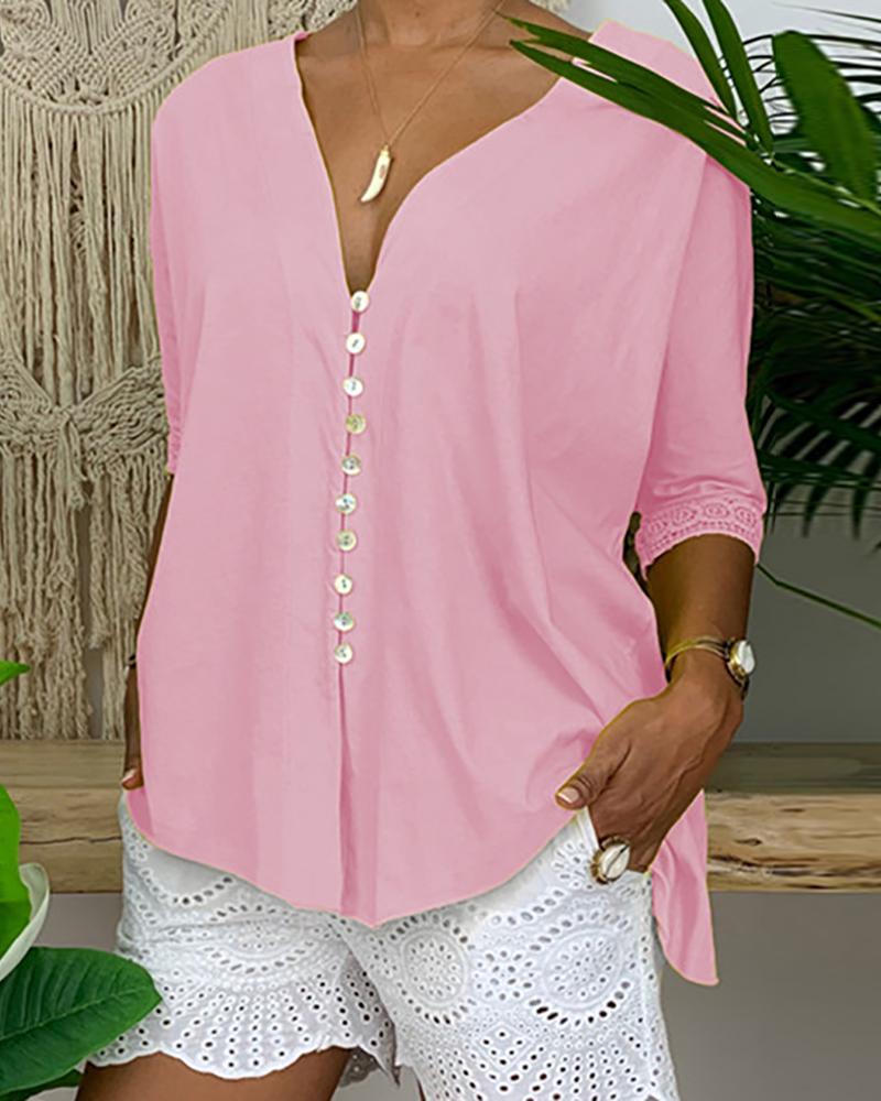 

Button Front Lace Trim Casual Top, Pink