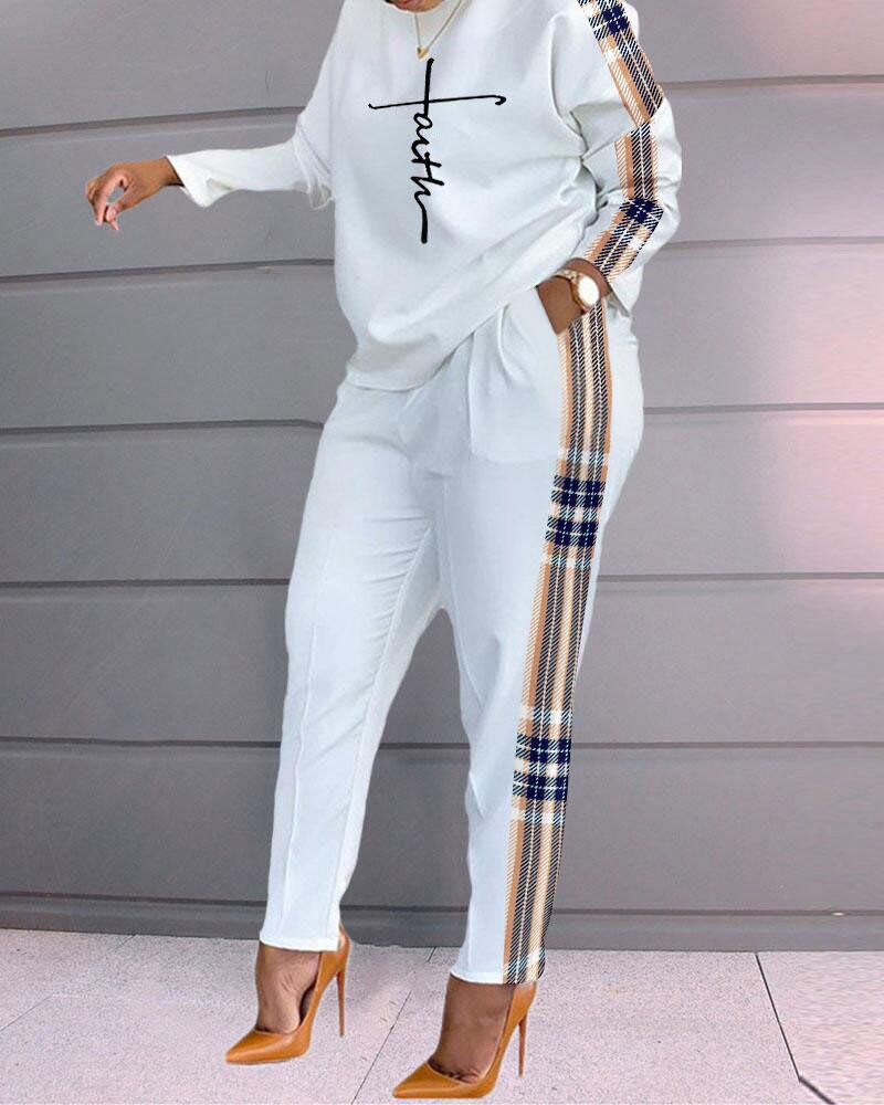 

Letter Plaid Print Long Sleeve Top & Pants Set, White