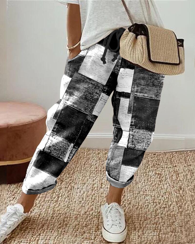 Denim Look Print Drawstring Cuffed Pants