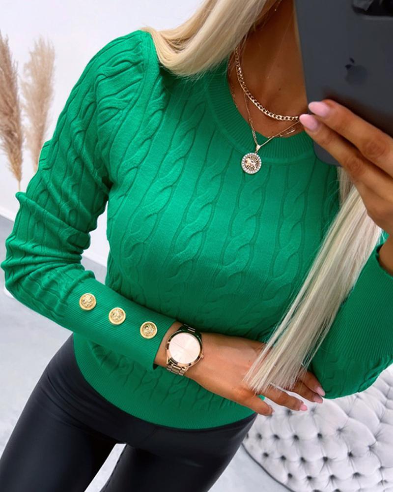 

O-neck Long Sleeve Buttoned Braided Knit Sweater, Green