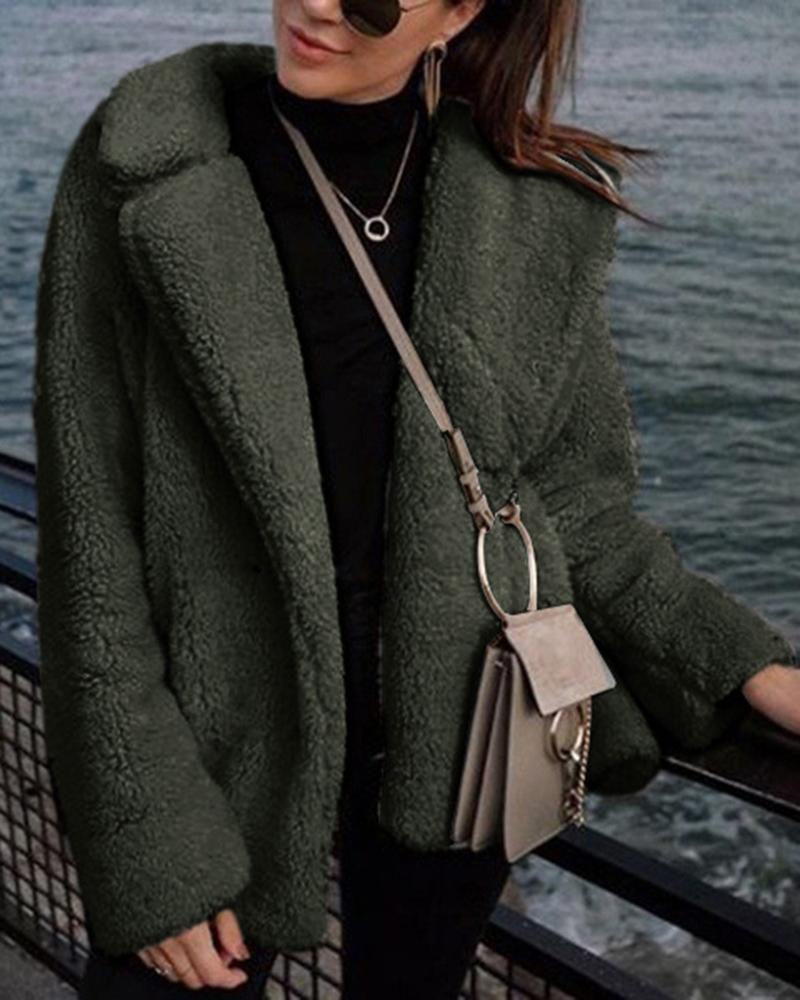 

Long Sleeve Open Front Teddy Coat, Army green