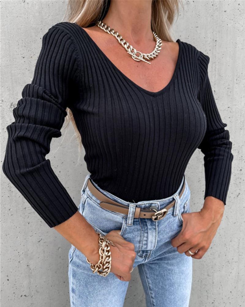 

Ribbed Long Sleeve V Neck Top, Black