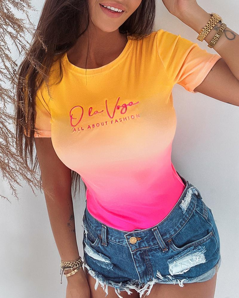 

Embroidery Letter Ombre Short Sleeve Bodysuit, Multicolor