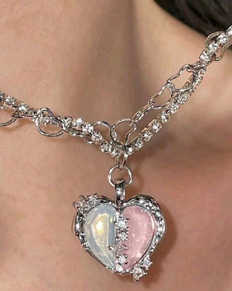 

1pc Crystal Stone Hollow Out Heart Pendant Necklace, Multicolor