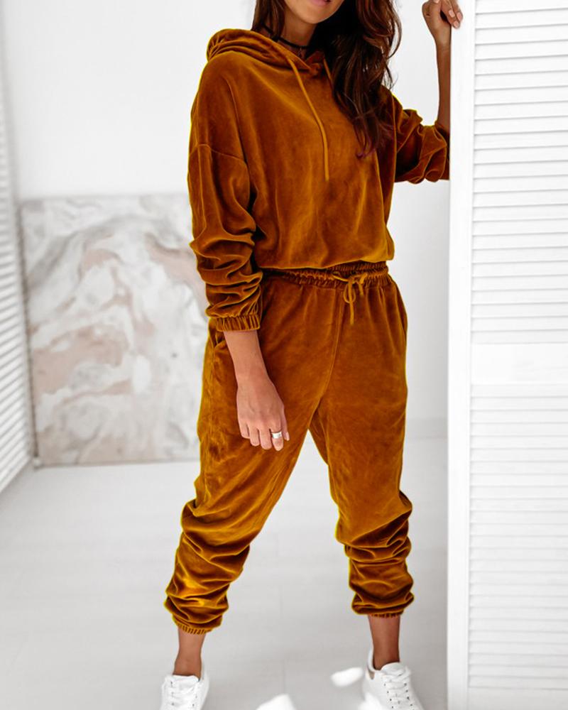 

Two Piece Sets Casual Long Sleeve Solid Velvet Drop Shoulder Drawstring Hoodie & Pants Set, Yellow