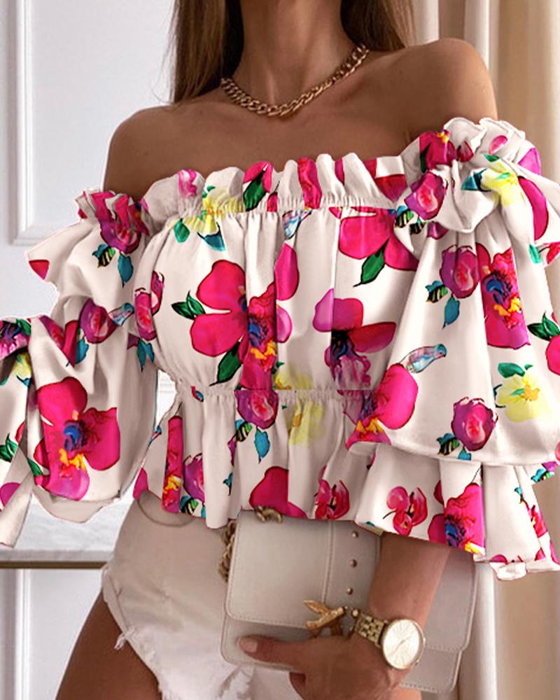 

Floral Print Off Shoulder Flared Sleeves Frill Hem Top, Multicolor