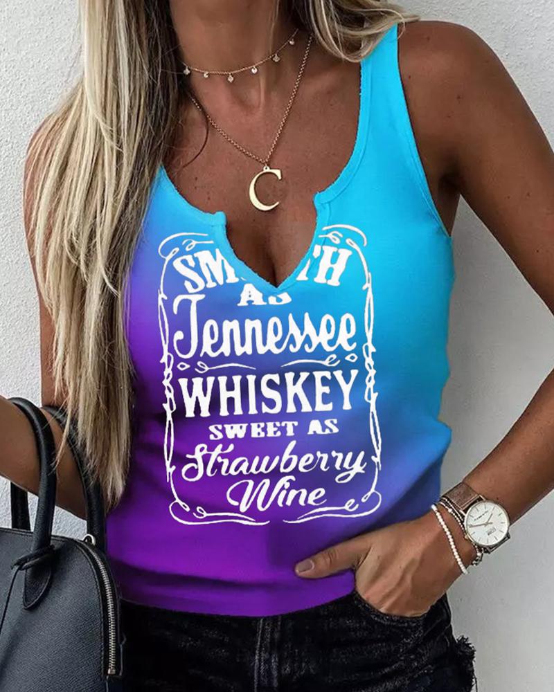 

Letter Print V-Cut Tank Top, Blue