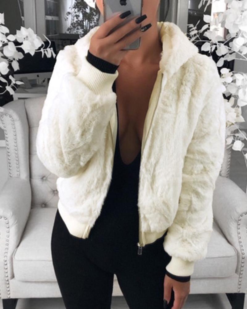 

Long Sleeve Zip Front Fur Faux Fur Hooded Coat, White