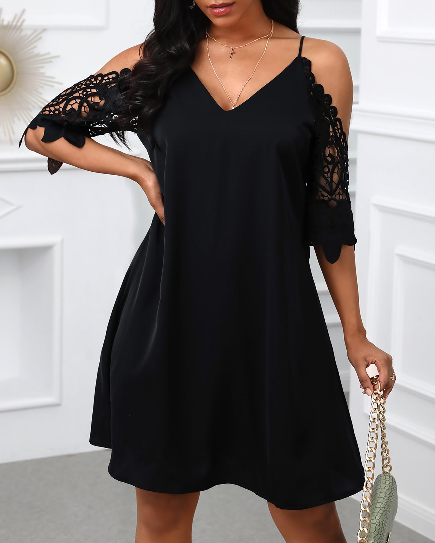 

Cold Shoulder Crochet Lace Hollow Out Casual Women Dress, Black