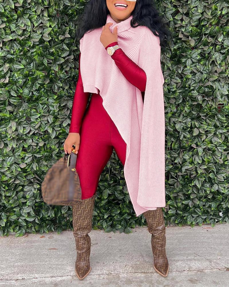 

Turtleneck Split Sleeve Asymmetrical Sweater, Pink