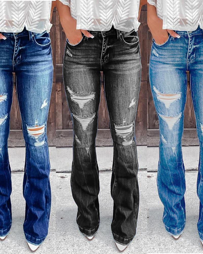 

Ripped Pocket Design High Waist Bootcut Jeans, Gray