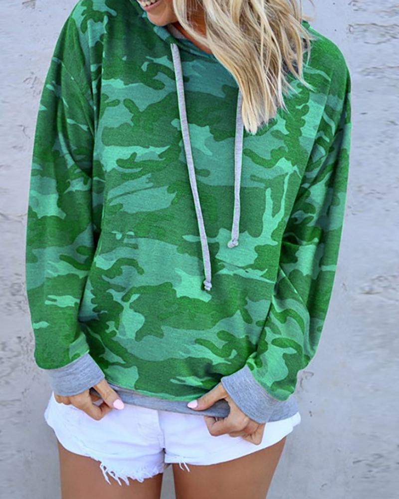 

Hooded Camouflage Drawstring Design Sweatshirt, Green