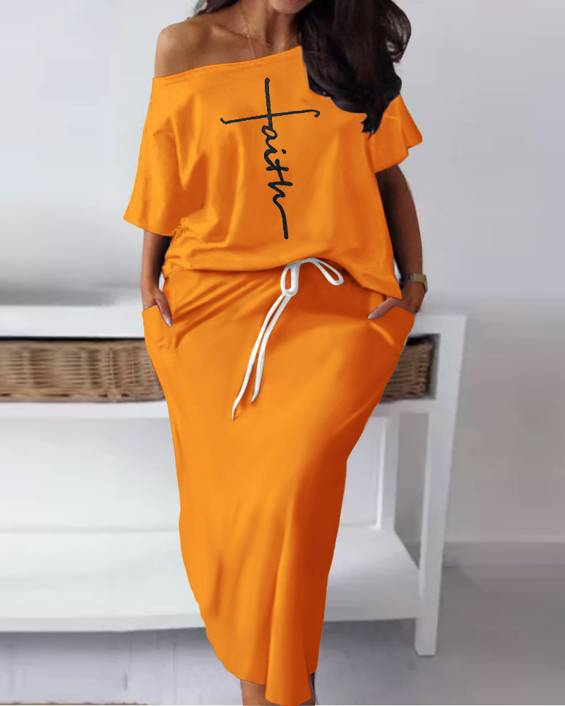 

Plus Size Faith Print Skew Neck Top & Skirt Set, Orange