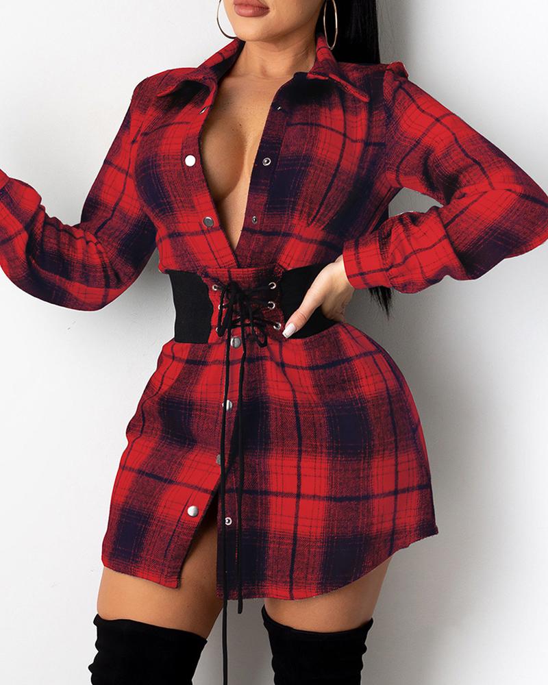 

Plaid Print Eyelet Lace Up Shirt Dress, Wine red